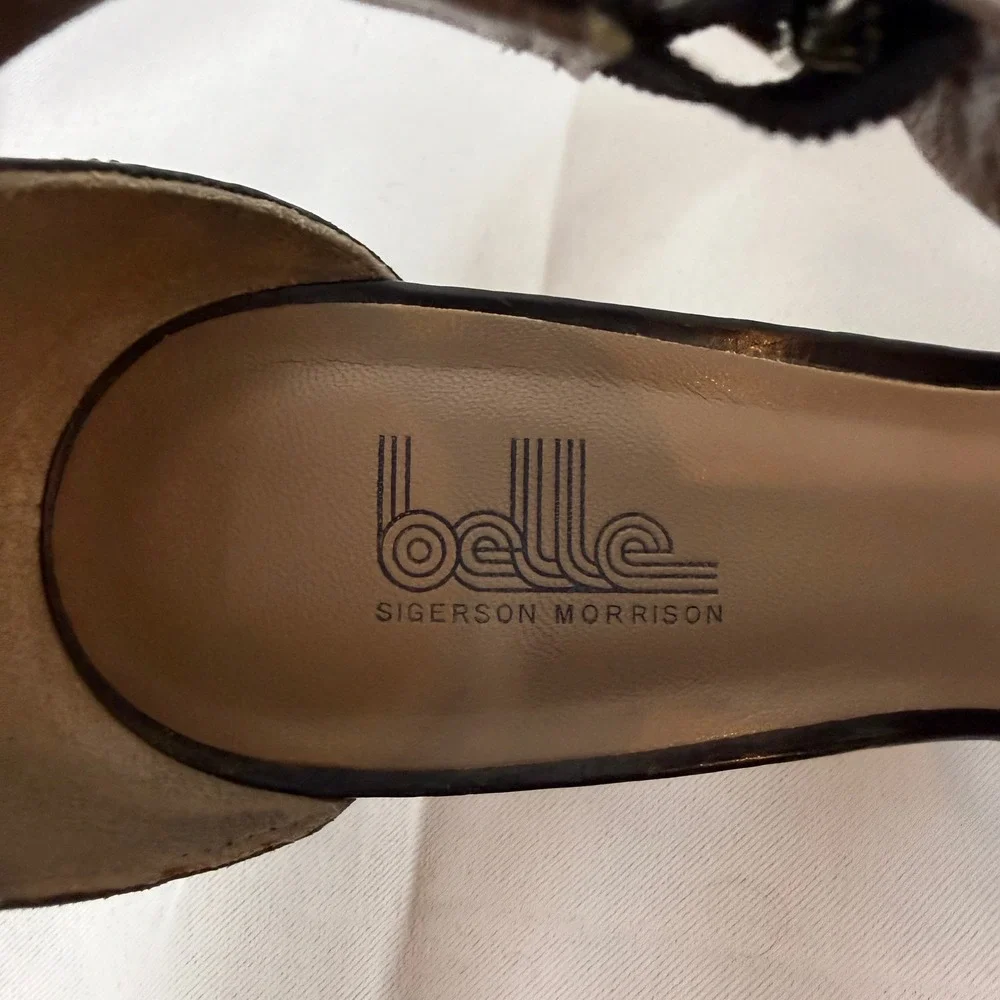 Belle‎ Sigerson Morrison Black Leather T-Strap Wood Wedge Sandals 9.5 B